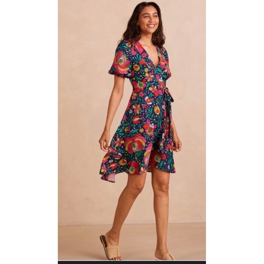 Summersalt Navy Floral Wrap Dress Short Puff Sleeve Ruffle Hem Size S/ 6 NWT